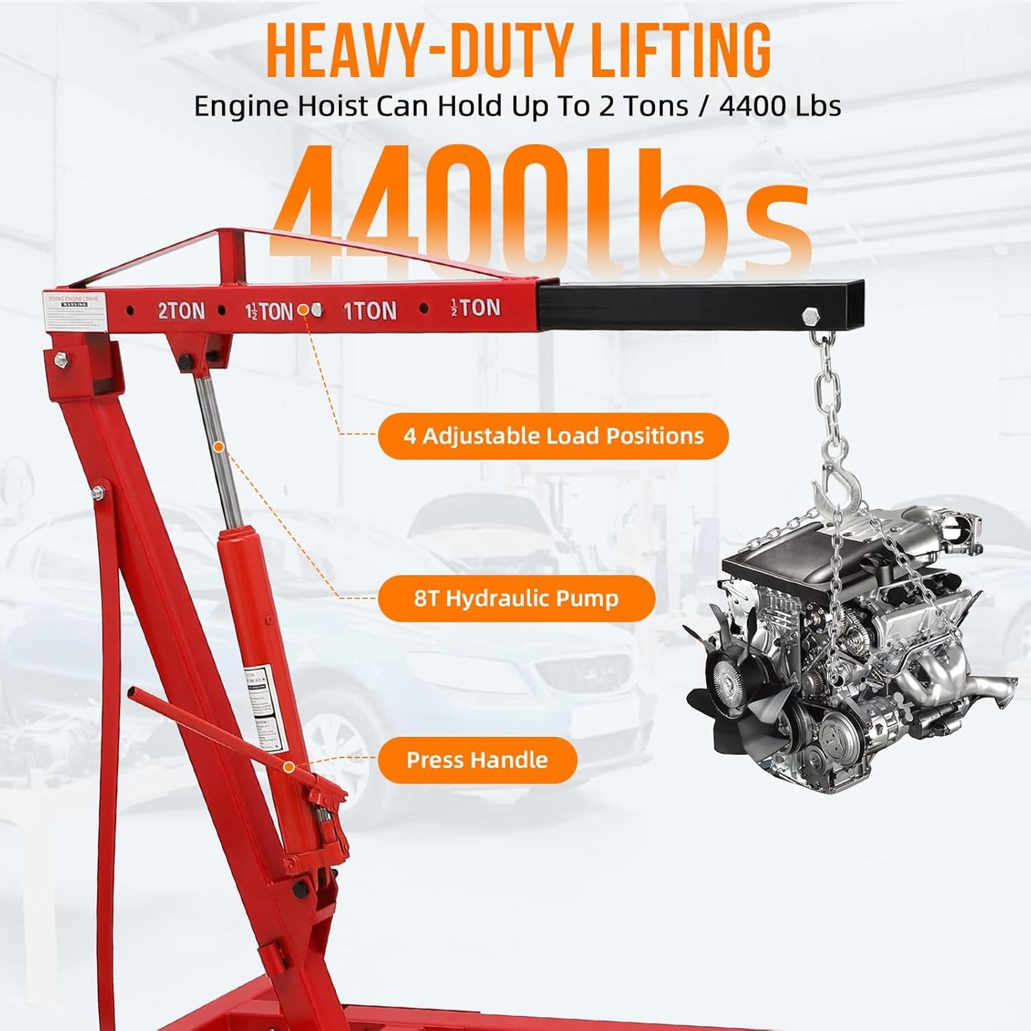 2 Ton Folding Hydraulic Engine Hoist, Folding Engine Shop Crane Hoist Lift, Heavy Cherry Picker with 6 Wheels for Garage, Workshop,Cherry