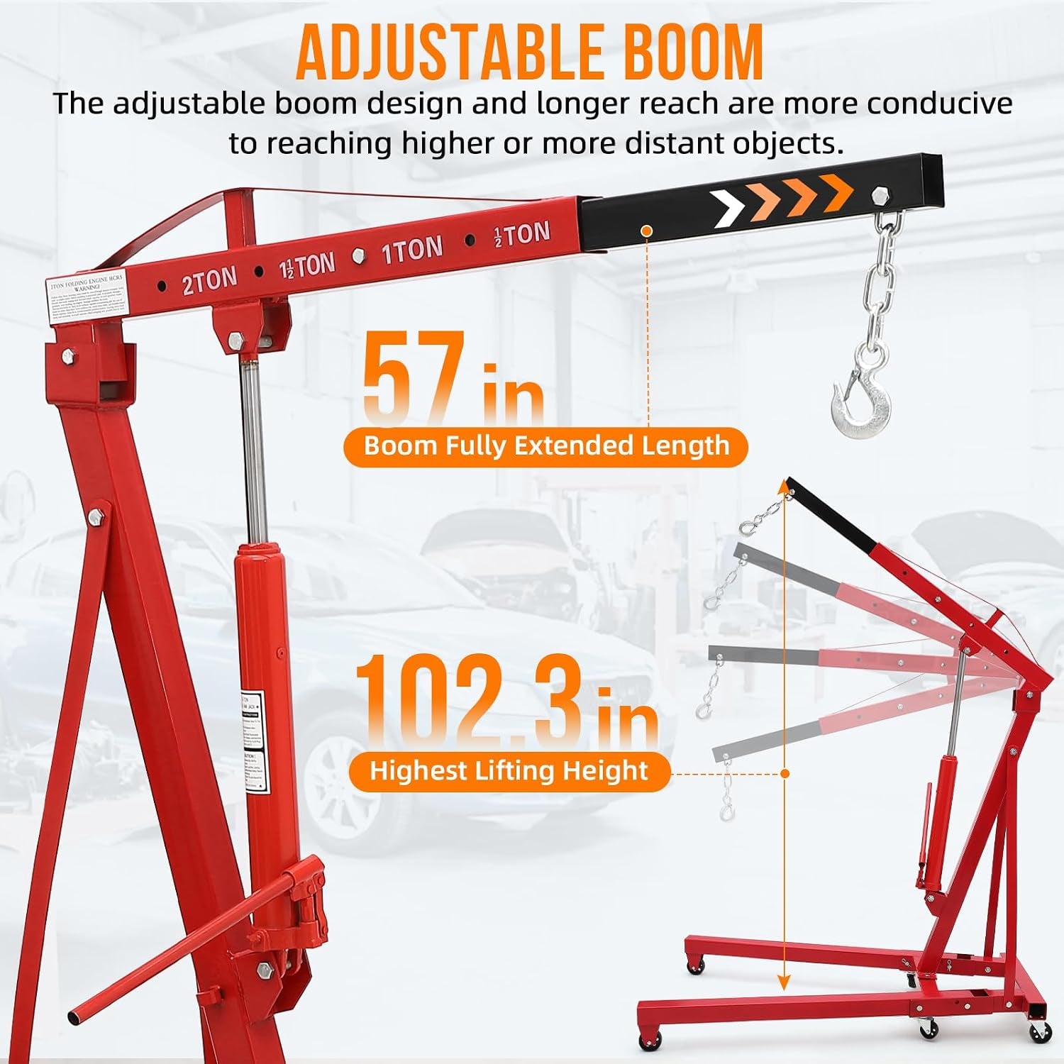 2 Ton Folding Hydraulic Engine Hoist, Folding Engine Shop Crane Hoist Lift, Heavy Cherry Picker with 6 Wheels for Garage, Workshop,Cherry