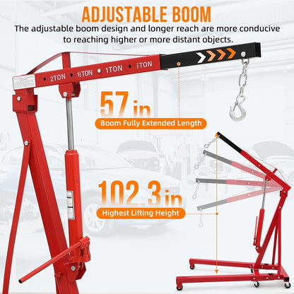 2 Ton Folding Hydraulic Engine Hoist, Folding Engine Shop Crane Hoist Lift, Heavy Cherry Picker with 6 Wheels for Garage, Workshop,Cherry