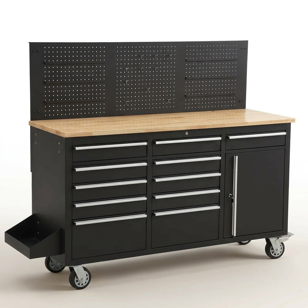 Tool Chest Workbench, 61-Inch Rolling Tool Chest with Wheels, 10 Drawers, Multifunctional Tool Cart Mechanic Tool Storage Cabinet for Garage, Assembled Large Tool Box Storage Cabinet, Black — Studio Shot