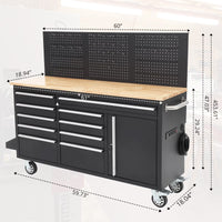 Tool Chest Workbench, 61-Inch Rolling Tool Chest with Wheels, 10 Drawers, Multifunctional Tool Cart Mechanic Tool Storage Cabinet for Garage, Assembled Large Tool Box Storage Cabinet, Black